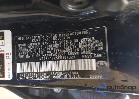 2014 Toyota Camry Se Sport z USA, uszkodzony, nr VIN 4T1BF1FK5EU467321